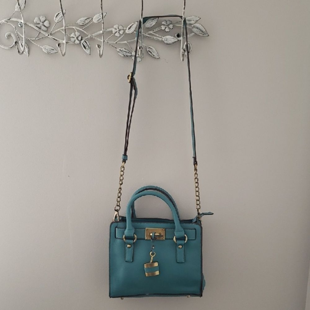Melie Bianco Purse Vegan Leather Satchel Crossbody Handbag Brass Fittings Teal